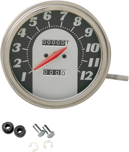 DRAG SPECIALTIES 5-inch MPH FL '62-'67 style speedometer with black face, 1:1 scale, for Harley-Davidson motorcycles.