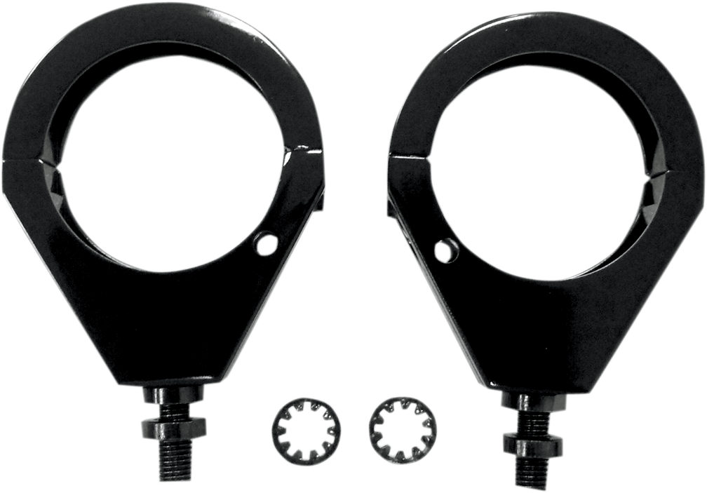 Black 49mm turn signal clamp for front forks by DRAG SPECIALTIES, designed for motorcycle handlebar and fork mounting.