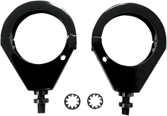Black 49mm turn signal clamp for front forks by DRAG SPECIALTIES, designed for motorcycle handlebar and fork mounting.