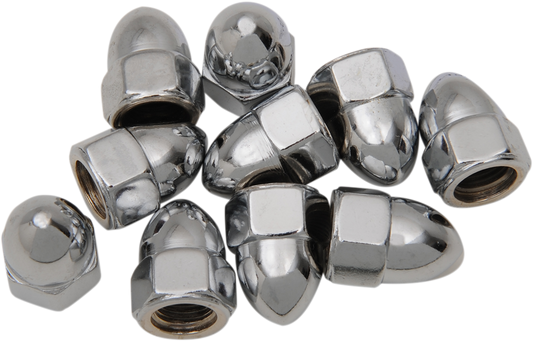 Chrome acorn nut from Drag Specialties, size 3/8 inch-16, displayed on a motorcycle part with a shiny metallic finish.