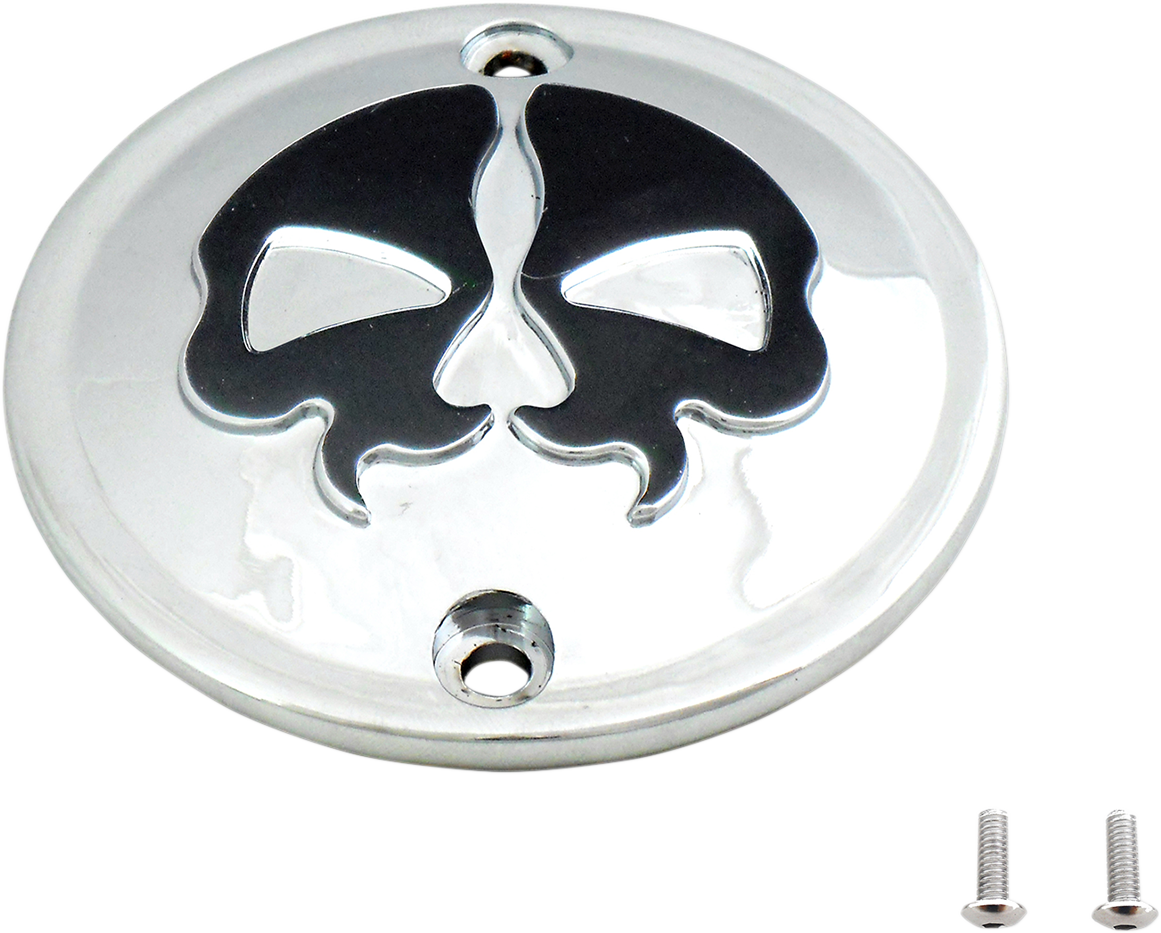 Chrome black skull points cover for Harley Sportster by Drag Specialties, featuring a detailed skull design.