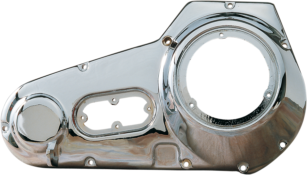 Chrome primary cover for 1970-1984 Harley FL models by Drag Specialties, shiny and detailed motorcycle engine part.