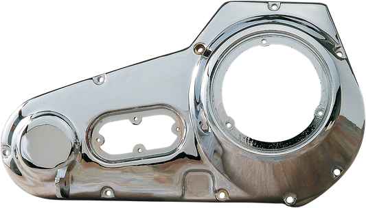 Chrome primary cover for 1970-1984 Harley FL models by Drag Specialties, shiny and detailed motorcycle engine part.