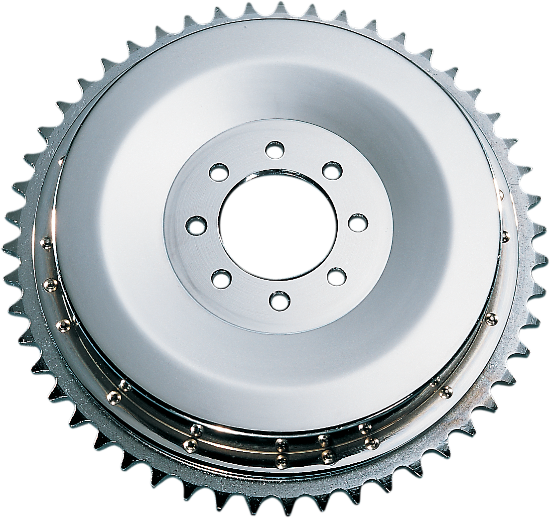 Chrome rear drum and sprocket set for Harley XL 1954-1978 by Drag Specialties, includes metal components on a black background.