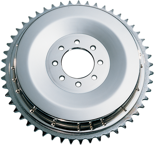 Chrome rear drum and sprocket set for Harley XL 1954-1978 by Drag Specialties, includes metal components on a black background.