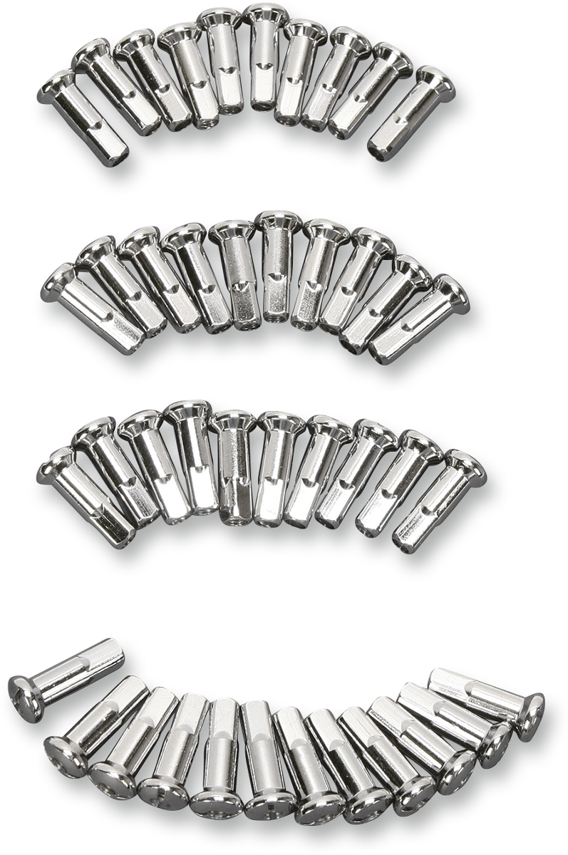 Chrome spoke nipples for motorcycle wheels by Drag Specialties, extra long, part number 16-0500SE42-HC3, shown installed on wheel.