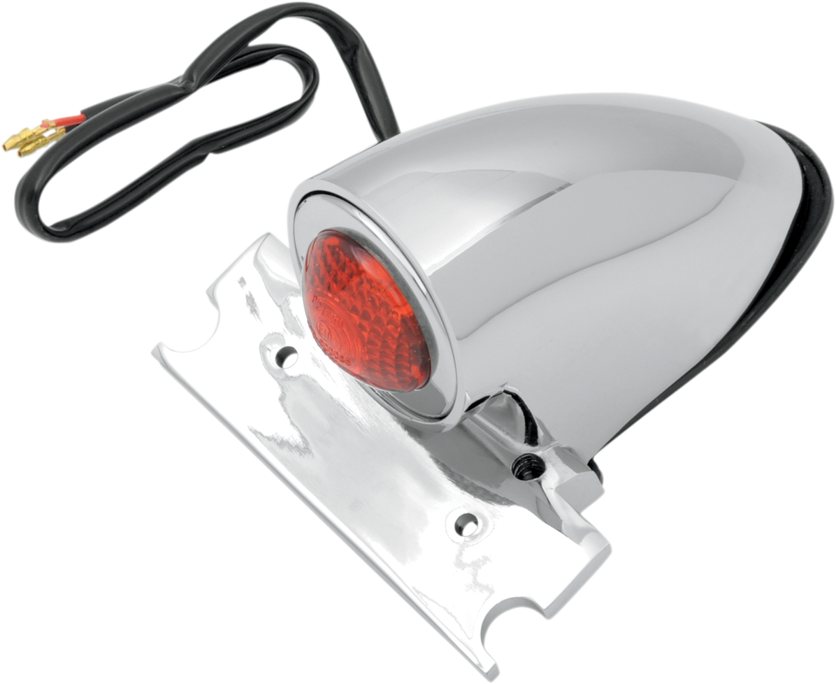 Chrome taillight with license plate mount for Harley-Davidson, by Drag Specialties, featuring a sleek, polished finish and mounting hardware.
