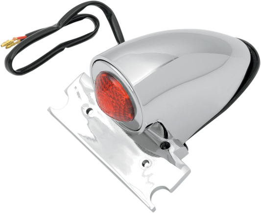 Chrome taillight with license plate mount for Harley-Davidson, by Drag Specialties, featuring a sleek, polished finish and mounting hardware.