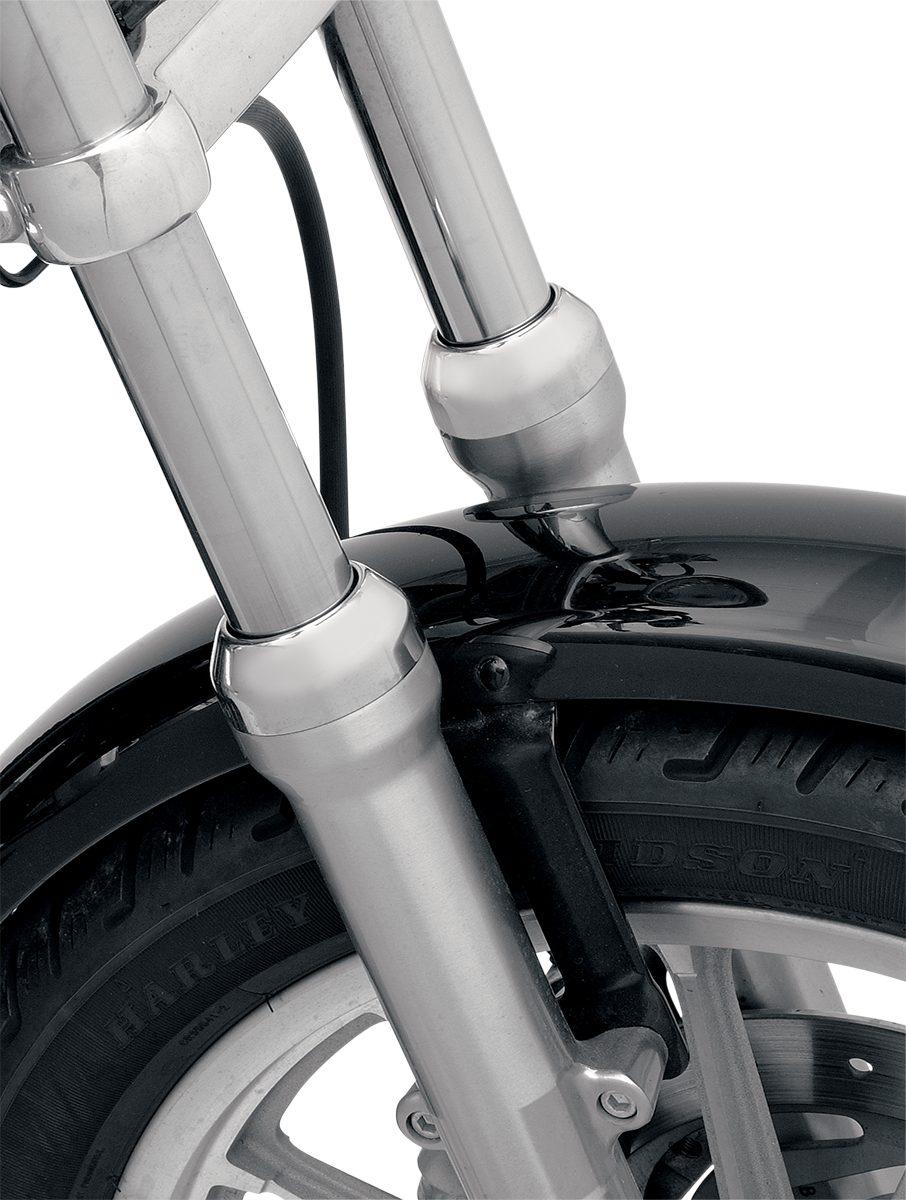 Drag Specialties 74487 39mm fork boot covers in aluminum with chrome finish, showing shiny, protective motorcycle fork covers.