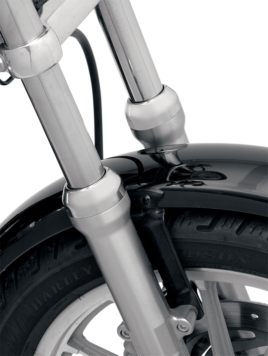 Drag Specialties 74487 39mm fork boot covers in aluminum with chrome finish, showing shiny, protective motorcycle fork covers.