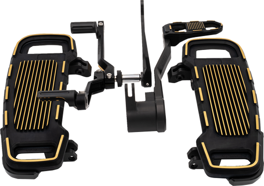 DRAG SPECIALTIES adjustable floorboard kit in black and gold with CNC machined aluminum construction for motorcycle customization.