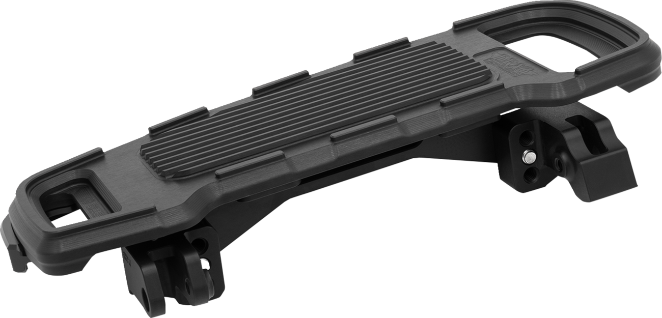 Black adjustable width floorboards for motorcycles by DRAG SPECIALTIES, featuring a sleek, durable design for custom fit and style.