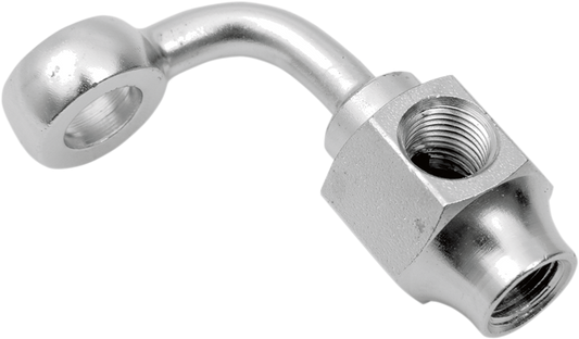 Drag Specialties banjo fitting, 3/8" x 1/8" NPT, 90° short angle, metal motorcycle part with threaded connections