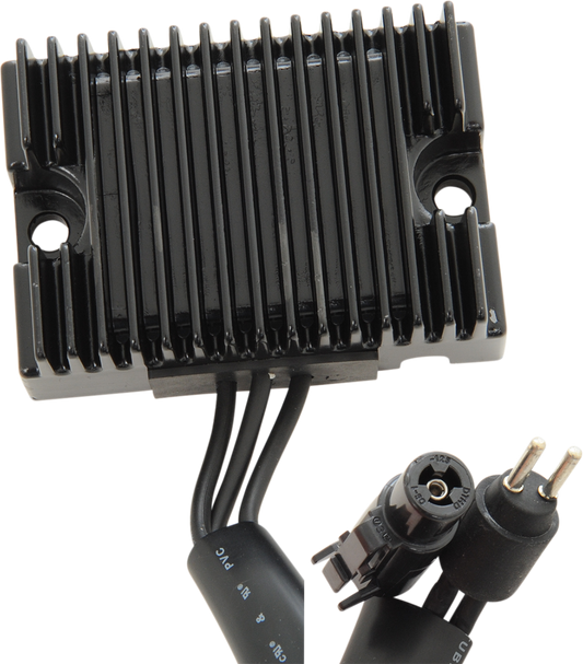 Black voltage regulator for Harley-Davidson XL 1994-2003 by Drag Specialties, shown with mounting terminals and wiring connections.