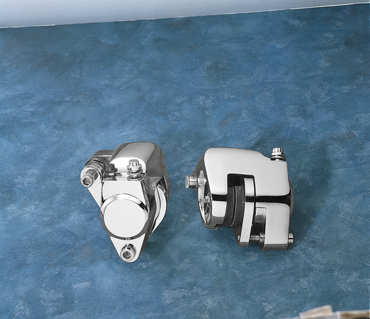 DRAG SPECIALTIES Chrome Front Dual Caliper Kit for motorcycles, featuring polished metal calipers and mounting hardware.