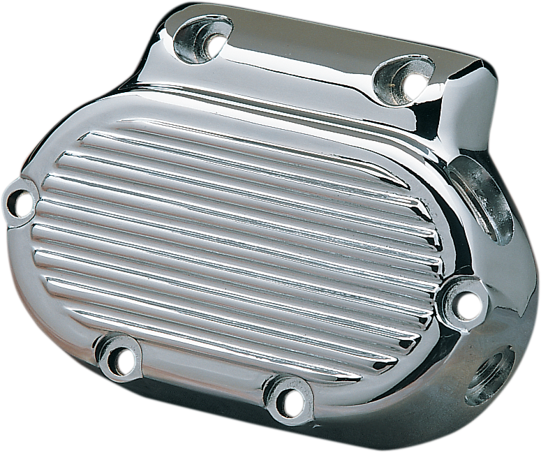 Chrome transmission cover by Drag Specialties with a sleek, polished finish, designed for Harley-Davidson motorcycles.