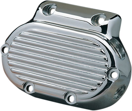 Chrome transmission cover by Drag Specialties with a sleek, polished finish, designed for Harley-Davidson motorcycles.