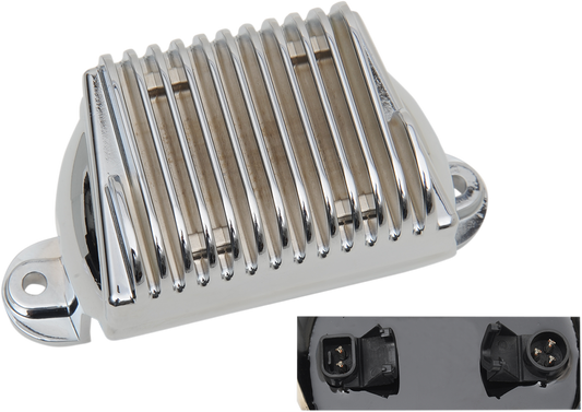 Chrome voltage regulator for 2009-2016 Harley FL models by Drag Specialties, shown with mounting brackets and electrical connections.