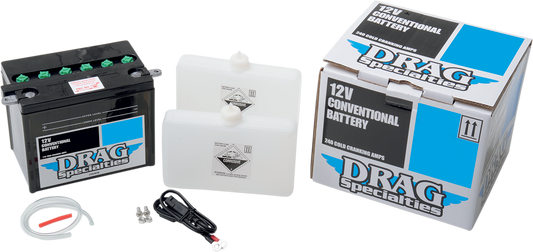 Conventional motorcycle battery kit from Drag Specialties, DHD4-12FP model, includes battery and installation components.