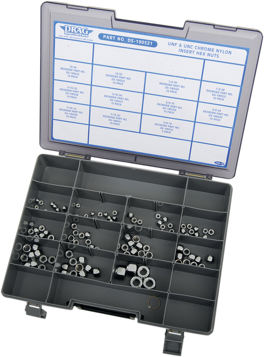 DRAG SPECIALTIES MK201 insert nut assortment kit for motorcycle repairs, featuring various sizes of metal nuts for motorcycle maintenance