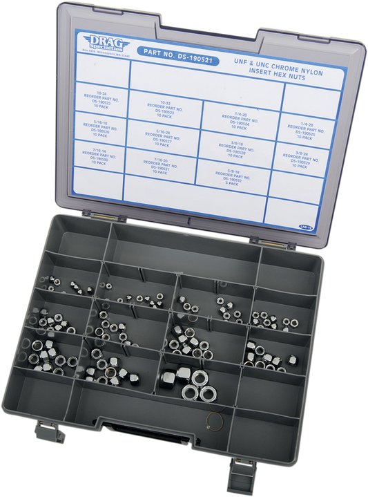 DRAG SPECIALTIES MK201 insert nut assortment kit for motorcycle repairs, featuring various sizes of metal nuts for motorcycle maintenance