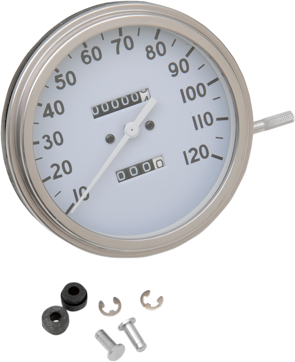 Drag Specialties FL '36-'40 style 2240:60 speedometer with white face, detailed dials, and chrome bezel for Harley Davidson motorcycles.