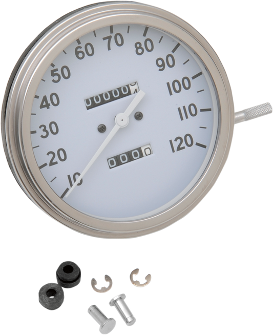 Drag Specialties FL '36-'40 style 2240:60 speedometer with white face, detailed dials, and chrome bezel for Harley Davidson motorcycles.