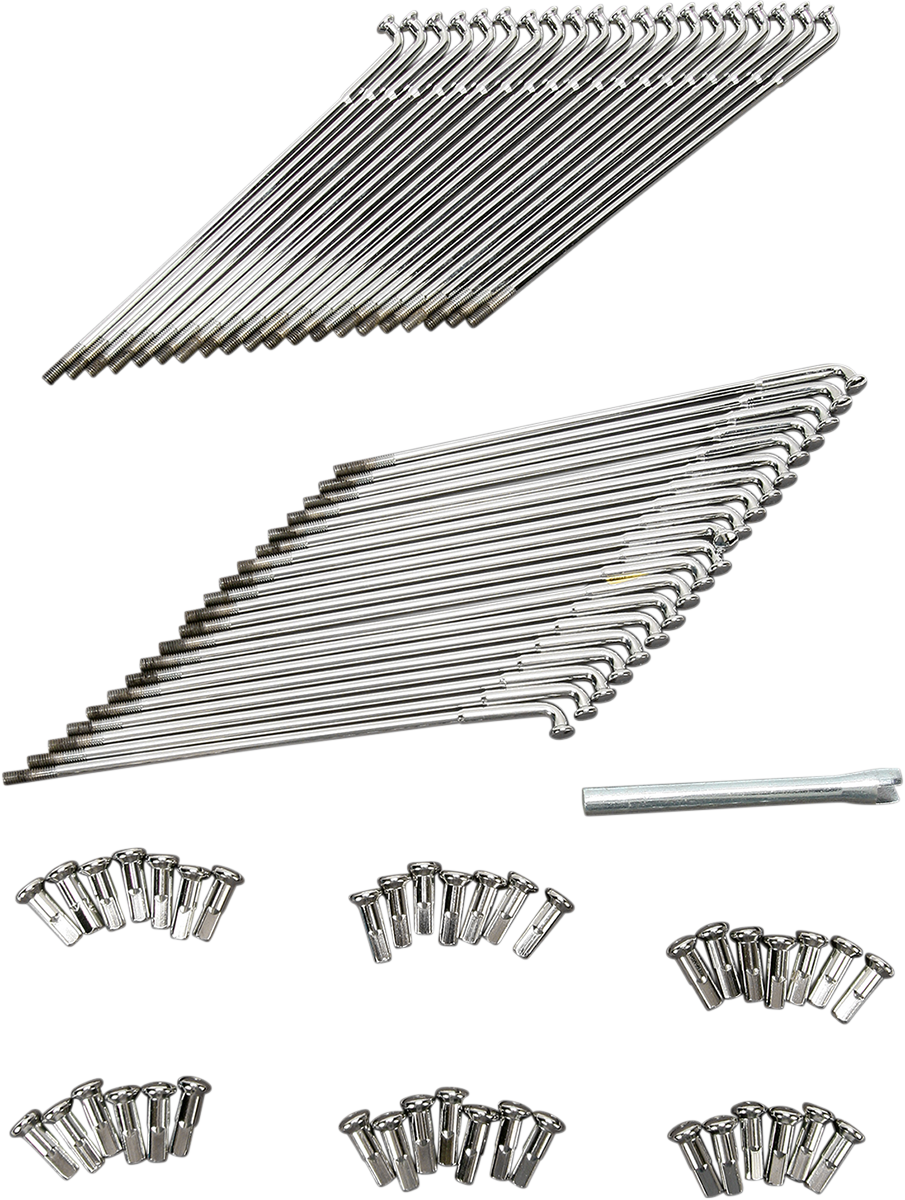 Drag Specialties front chrome spoke set for 8-1/4 inch rims, motorcycle wheel parts with shiny chrome finish and detailed spoke design.