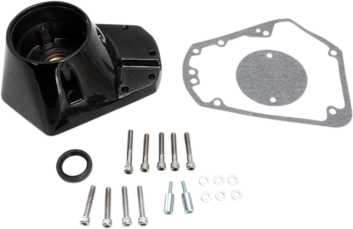 Gloss black cam cover for EVO Big Twin motorcycle, designed by Drag Specialties, with a sleek, polished finish.