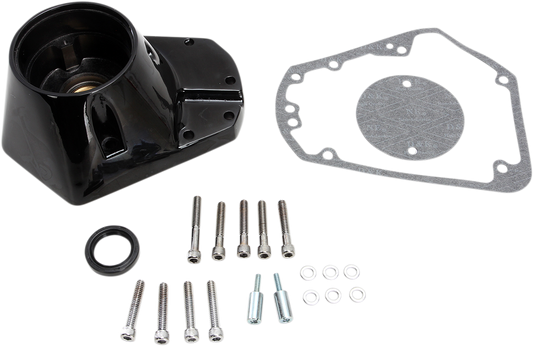 Gloss black cam cover for EVO Big Twin motorcycle, designed by Drag Specialties, with a sleek, polished finish.