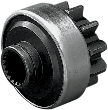 Harley Davidson MC Drag Specialties Starter Drive Gear, black metal component for motorcycle engine, close-up shot.