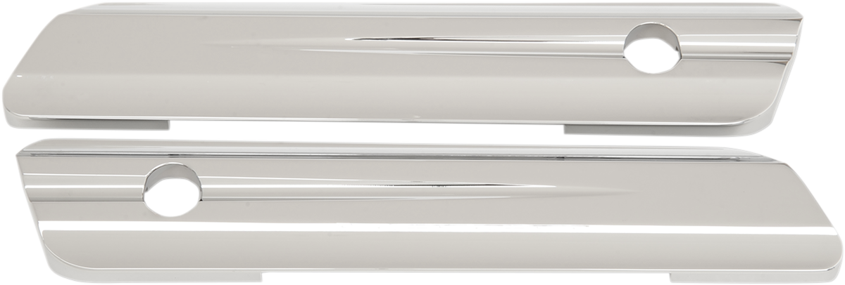 Chrome hinge covers for Harley FL models 2014-2025 by Drag Specialties, showing shiny finish and mounting details.