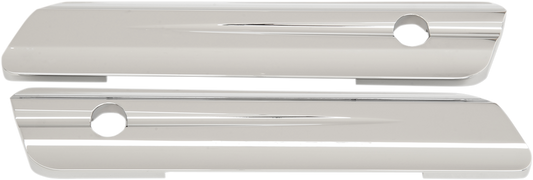 Chrome hinge covers for Harley FL models 2014-2025 by Drag Specialties, showing shiny finish and mounting details.