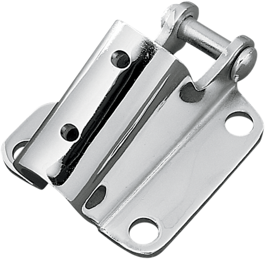 DRAG SPECIALTIES chrome kickstand mounting support 11-0121-BC2 for motorcycle kickstands, shown mounted on bike.