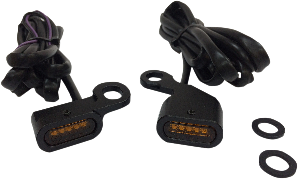 DRAG SPECIALTIES LED handlebar marker lights in black and amber for motorcycle handlebars, model L22-0230MBAENU.