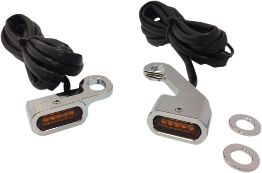 DRAG SPECIALTIES LED handlebar marker lights in chrome and amber for motorcycles, part #L22-0232CAENU, showing installed on handlebars