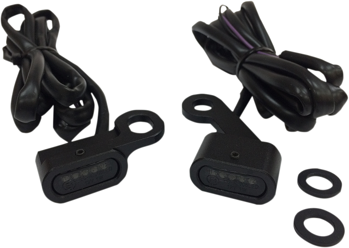 DRAG SPECIALTIES LED handlebar marker lights for Harley XL in black smoke finish, mounted on handlebars.