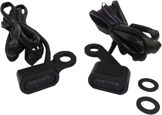 DRAG SPECIALTIES LED handlebar marker lights for Harley XL in black smoke finish, mounted on handlebars.