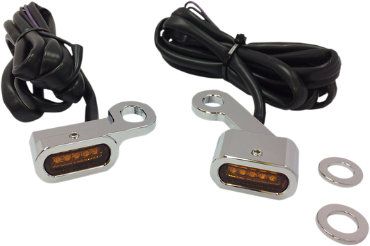 DRAG SPECIALTIES LED handlebar marker lights for Harley XL in chrome with amber lenses, mounted on motorcycle handlebars.