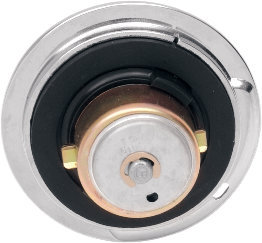 Drag Specialties locking vented flush-mount gas cap showing its sleek design and secure locking mechanism for motorcycle fuel tanks.