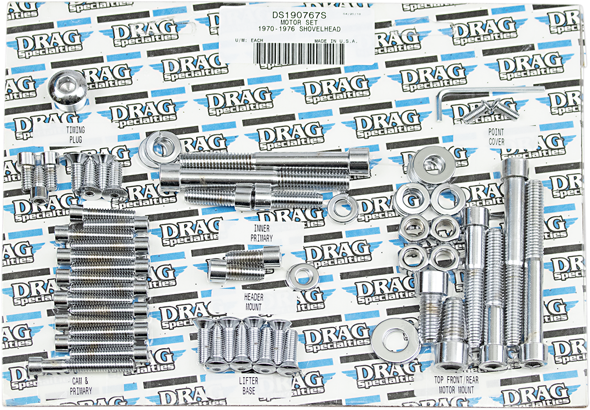 DRAG SPECIALTIES MK110S Harley FX/FL motor bolt set with smooth and socket-head bolts, designed for Harley Davidson motorcycle engines.