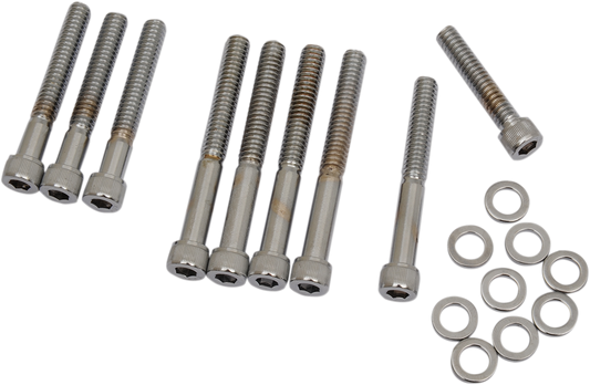 Chrome knurled bolt kit for Harley Sportster cam cover, model MK199 by Drag Specialties, fits 1986 to 1990 Harley Sportster models.