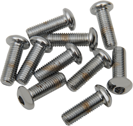 Set of 10 Drag Specialties MPB420 button head replacement bolts, 1/4" x 3/4" size, with a clean, chrome finish for motorcycle repairs.