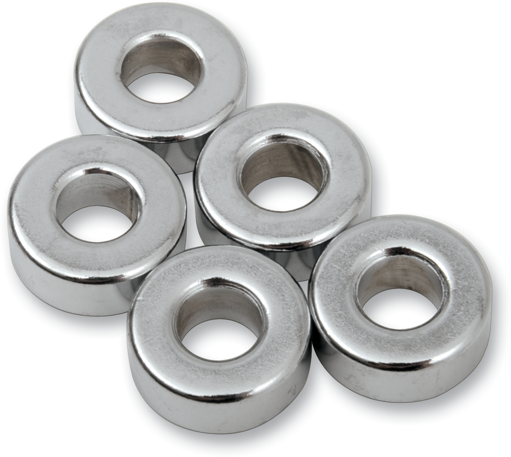 Chrome Spacer Pack by Drag Specialties with 1/4" x 5/8" x 1/4" spacers, shown in a set for motorcycle replacement parts.