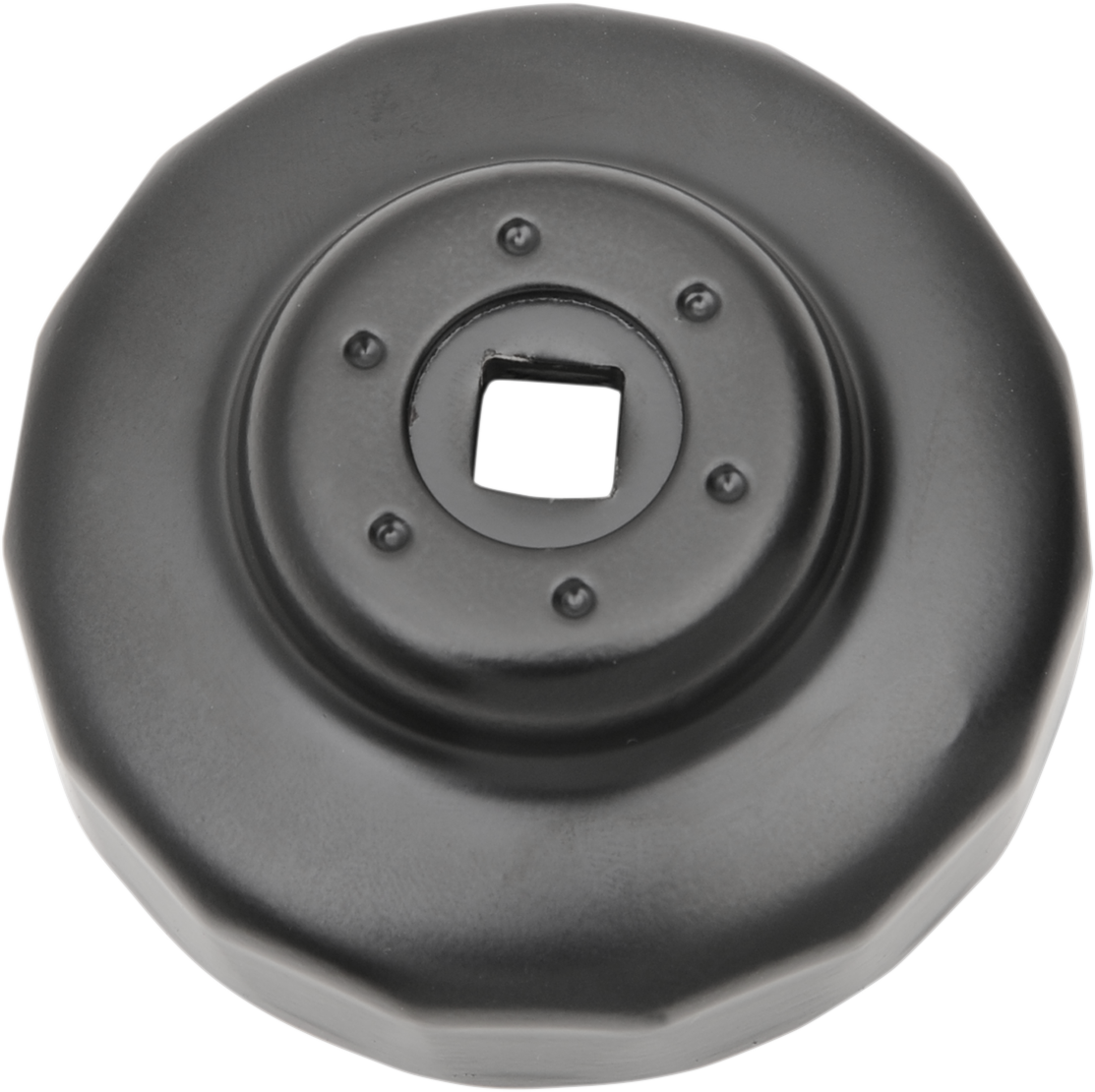 Drag Specialties Oil Filter Wrench 15-6049BNU for stepped S&S and Drag filters, shown gripping a motorcycle oil filter.