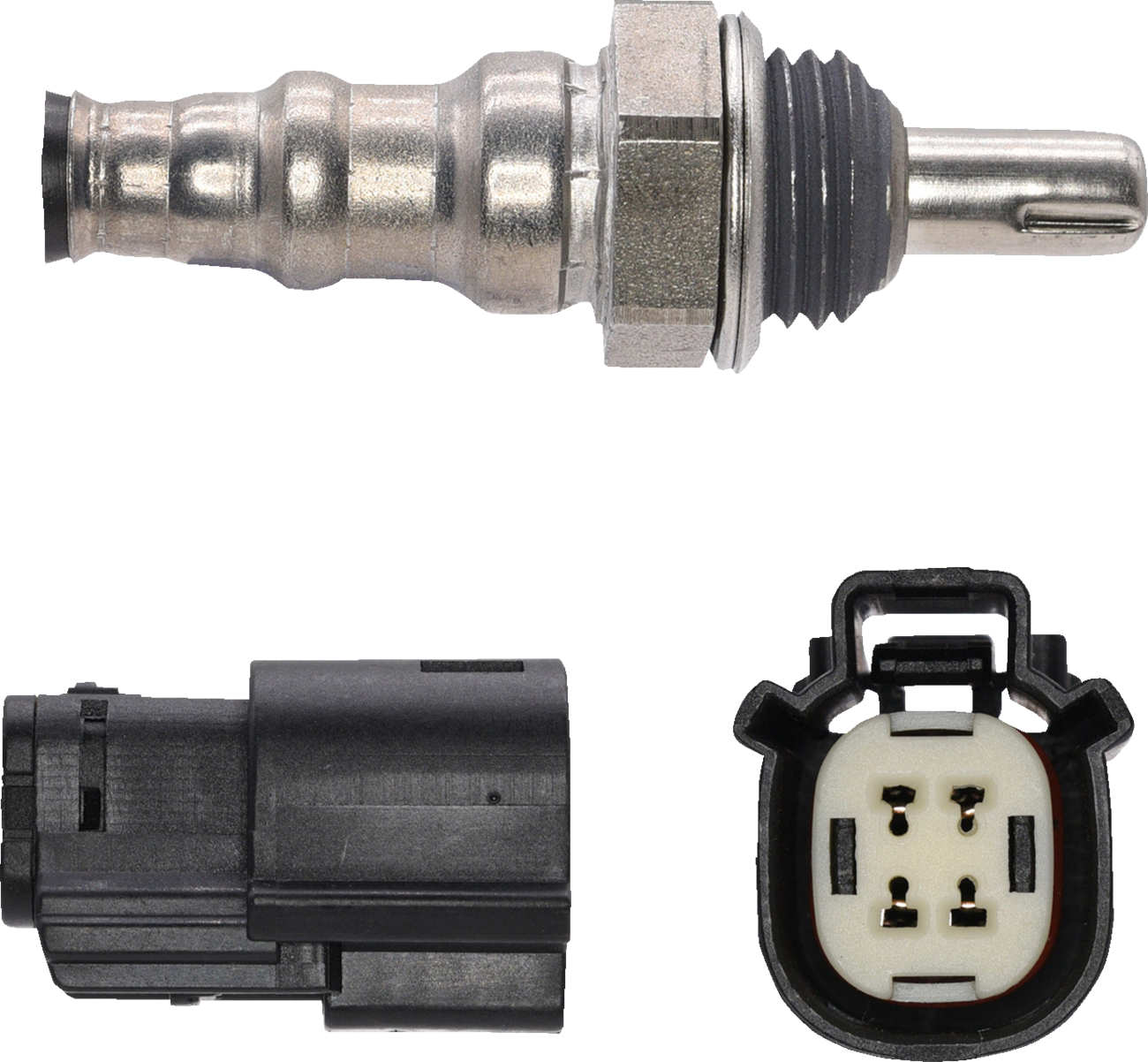 DRAG SPECIALTIES oxygen sensor 932-14063 for 4-W direct fit motorcycle applications, shown installed on engine.