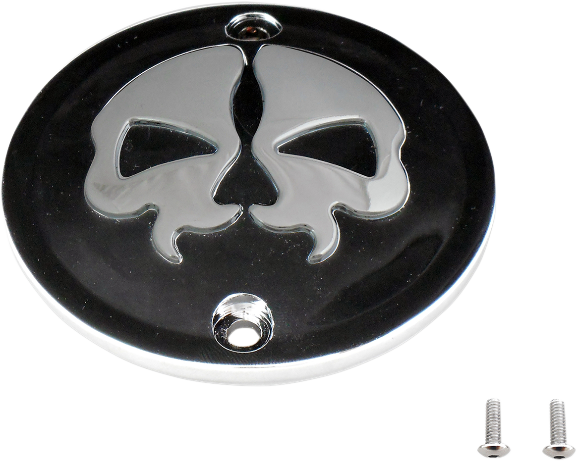 Black chrome skull points cover by Drag Specialties with 2 holes designed for Harley Sportster motorcycle ignition system.