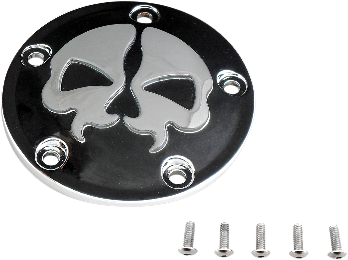 Black points cover with chrome skull finish for Twin Cam, designed by Drag Specialties, featuring a detailed skull design.