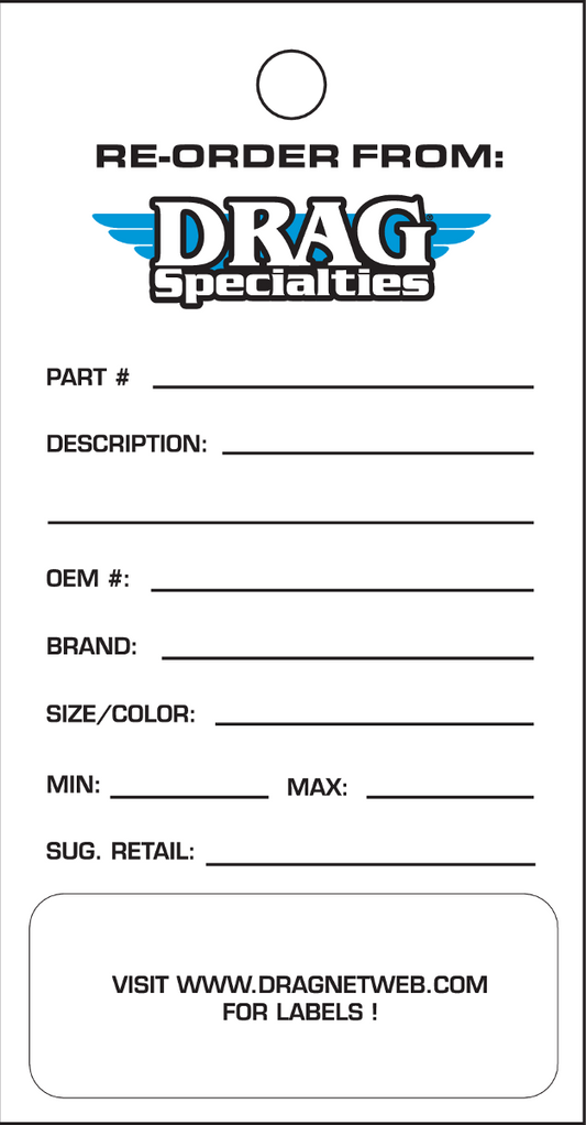 Drag Specialties reorder inventory tags, model 9904-0425, designed for motorcycle parts and inventory management.