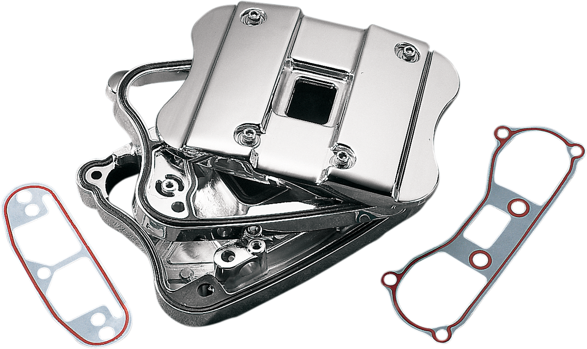 Chrome rocker box for Harley Sportster by Drag Specialties, featuring polished metal and detailed design.